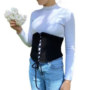 Crochet Corset Womens Size XS Black Handmade Laced Under Bust ONE OFF Costume